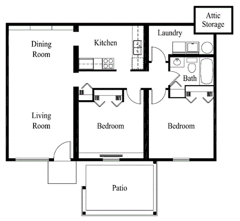 A black and white floor plan of a house with a living room, dining room, kitchen, two bedrooms, a bathroom, a patio, and attic storage.